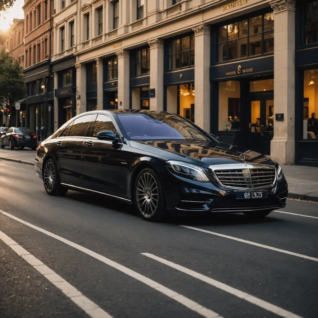 Luxury chauffeur car in Melbourne CBD during summer events, premium black Mercedes for Australian Open and concerts transportation.