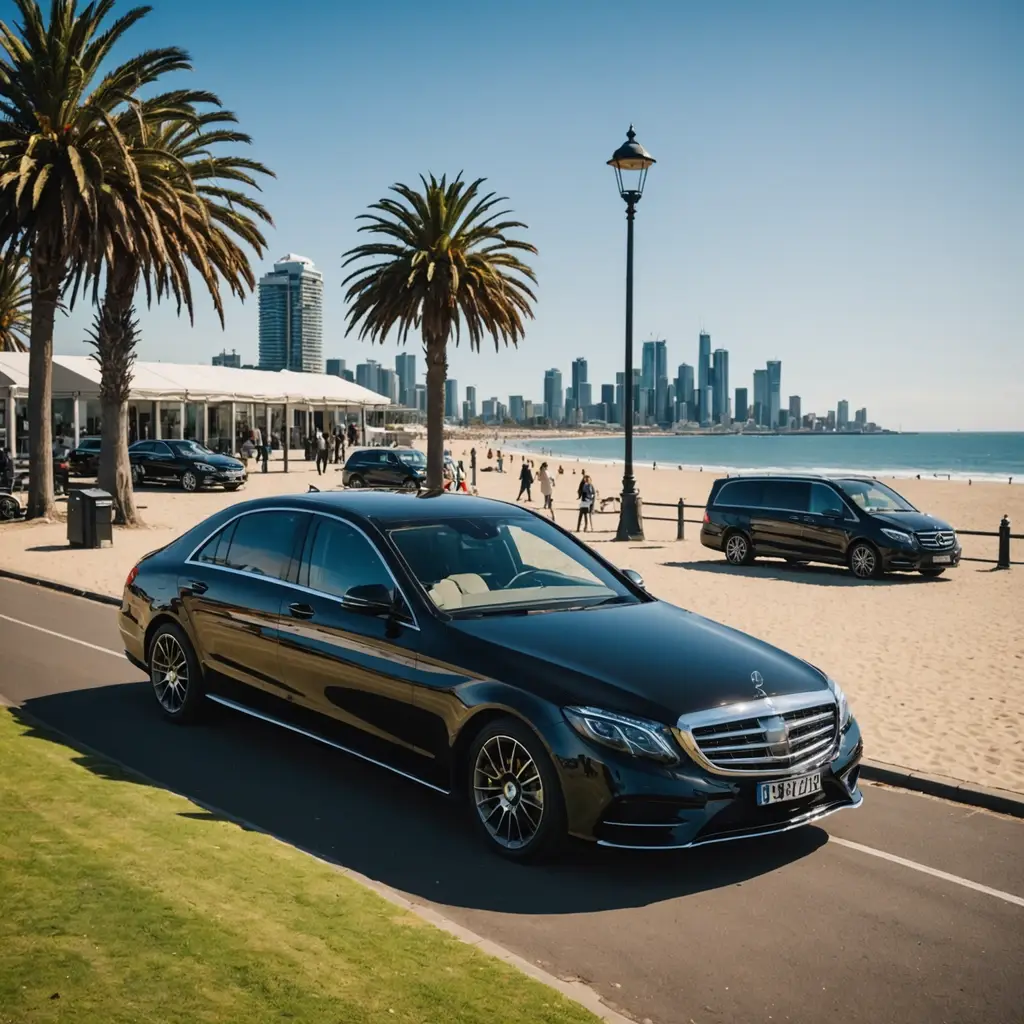 Mercedes-Benz S-Class chauffeur car at St Kilda beach in Melbourne — luxury summer transfers for beach clubs and private events
