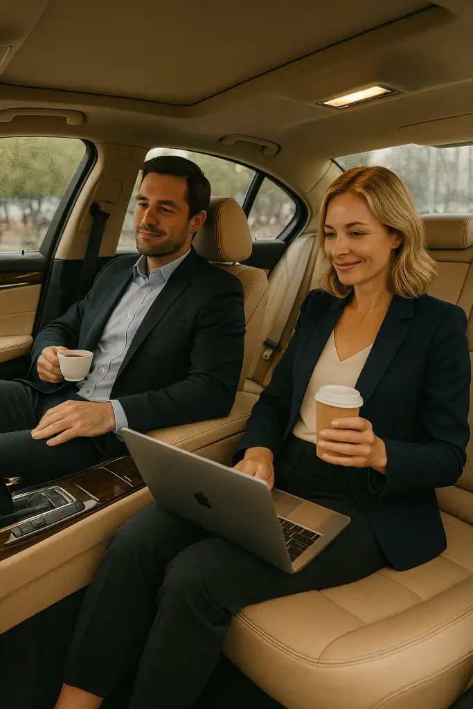 Executive chauffeur service in Melbourne with business passengers in luxury Mercedes vehicle