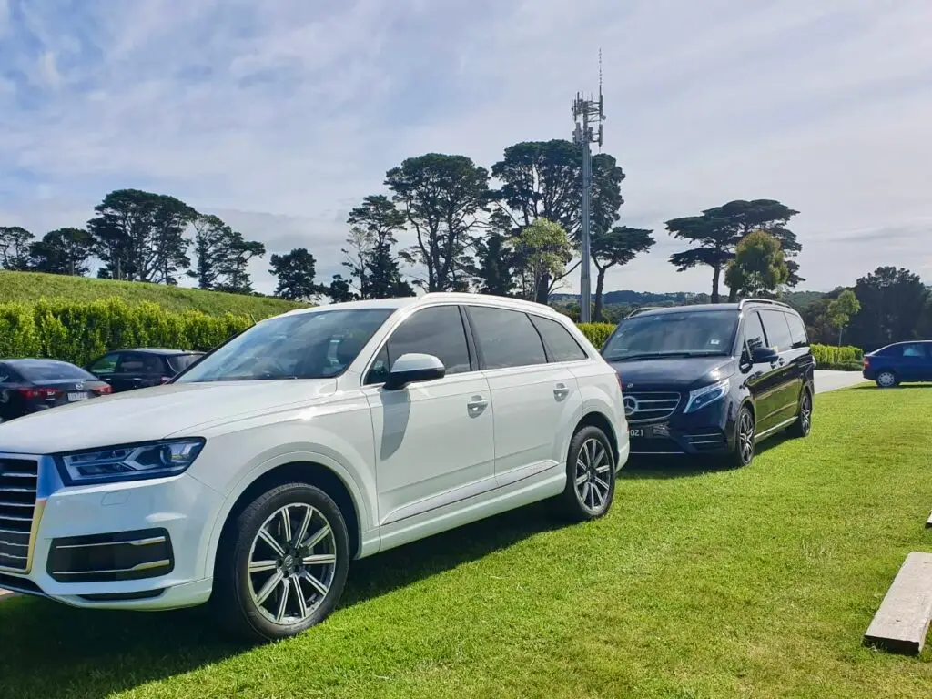 Mercedes-Benz S-Class chauffeur car at St Kilda beach in Melbourne — luxury summer transfers for beach clubs and private events